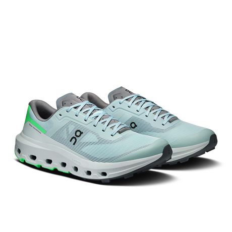 A pair of On running shoes in light blue and gray with bright green accents, shown on a clean white background. - On Cloudvista 3 Shoes (Men's) - Brook/Verdite