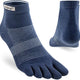 Pair of blue five-toe socks with white stripes on a white background - Injinji Run Lightweight Mini-Crew Toesocks (Unisex) - Navy