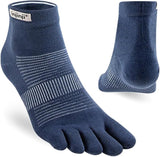Pair of blue five-toe socks with white stripes on a white background - Injinji Run Lightweight Mini-Crew Toesocks (Unisex) - Navy