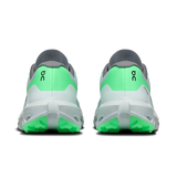 A pair of running shoes shown from the back, featuring a light gray and white upper with bright neon green heel accents and matching green outsoles, on a plain white background. - On Cloudvista 3 Shoes (Men's) - Brook/Verdite