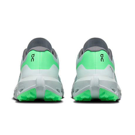 A pair of running shoes shown from the back, featuring a light gray and white upper with bright neon green heel accents and matching green outsoles, on a plain white background. - On Cloudvista 3 Shoes (Men's) - Brook/Verdite