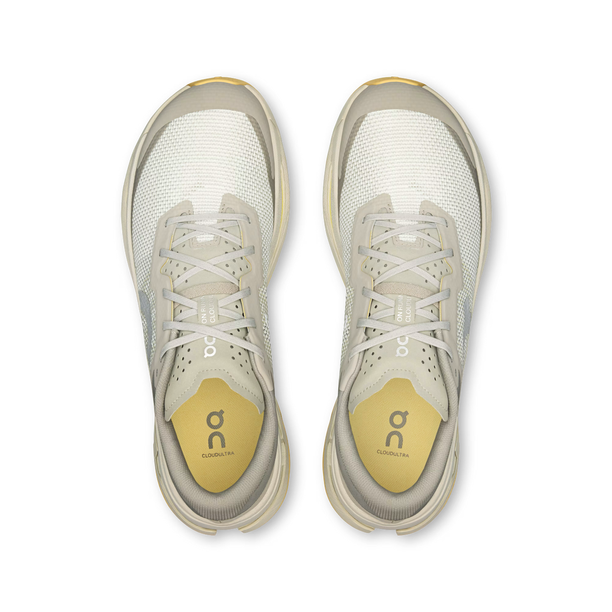 Top-down view of a pair of On running shoes in off-white and light gray with yellow accents on the insoles, shown on a plain white background. - On Cloudultra 3 Shoes (Men's) - Brume/Winter