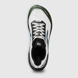 A top-down view of a white athletic sneaker with black and green accents, featuring white laces and a black collar, set against a light gray background. - Tarkine Trail Devil 3 Shoes (Men's) - Apex White