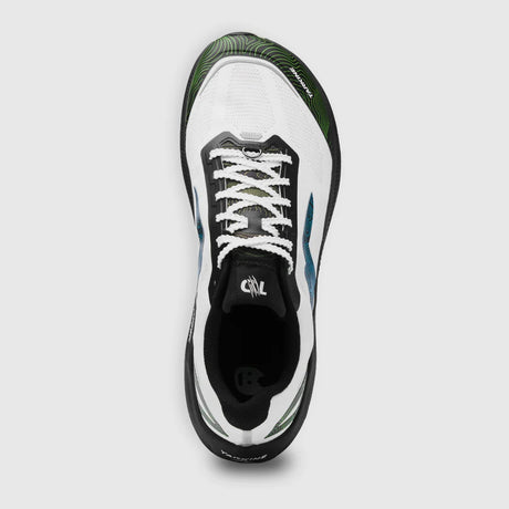 A top-down view of a white athletic sneaker with black and green accents, featuring white laces and a black collar, set against a light gray background. - Tarkine Trail Devil 3 Shoes (Men's) - Apex White