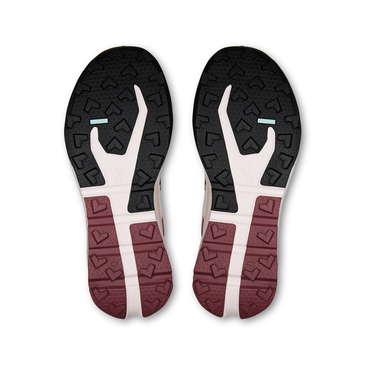 Top-down view of a pair of running shoes showing their outsoles against a solid white background. - On Cloudvista 3 Shoes (Women's) - Oyster/Barberry