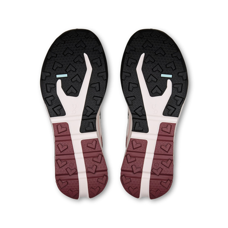 Top-down view of a pair of running shoes showing their outsoles against a solid white background. - On Cloudvista 3 Shoes (Women's) - Oyster/Barberry