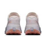 A pair of On Running trail shoes shown from the back, featuring a light gray and off-white upper, peach-pink midsoles, and a coral-pink outsole. - On Cloudultra 3 Shoes (Women's) - Oyster/Ether