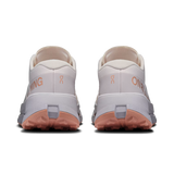 A pair of On Running trail shoes shown from the rear, featuring a light gray and off-white upper, peach-colored outsole, and peach branding text on a clean white background. - On Cloudultra 3 Shoes (Women's) - Oyster/Ether