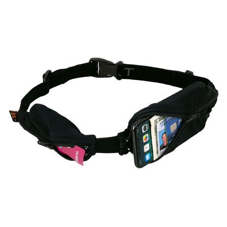 Black waist bag with a phone case on a white background - SPIbelt Dual Pocket Belt - Black