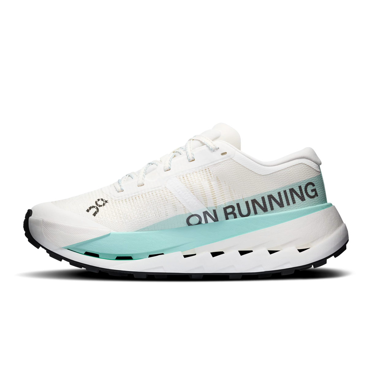 A white On Running shoe with a light blue midsole accent and black branding text, shown in a side profile on a white background. - On Cloudultra Pro Shoes (Women's) - Ivory/Celeste