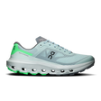 A light mint green and gray running shoe with bright neon green accents on the heel, midsole, and outsole, shown in a side profile on a white background. - On Cloudvista 3 Shoes (Men's) - Brook/Verdite