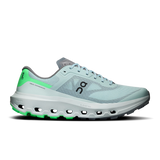A light mint green and gray running shoe with bright neon green accents on the heel, midsole, and outsole, shown in a side profile on a white background. - On Cloudvista 3 Shoes (Men's) - Brook/Verdite