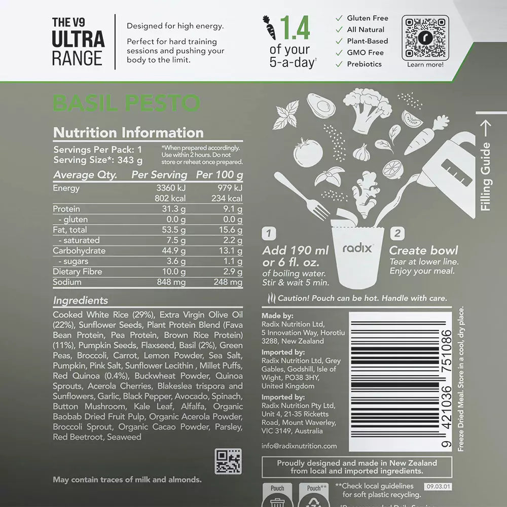 Radix Nutrition Main Meals v9 Plant Based - Ultra Range 800 - Basil Pesto - Find Your Feet Australia Hobart Launceston Tasmania