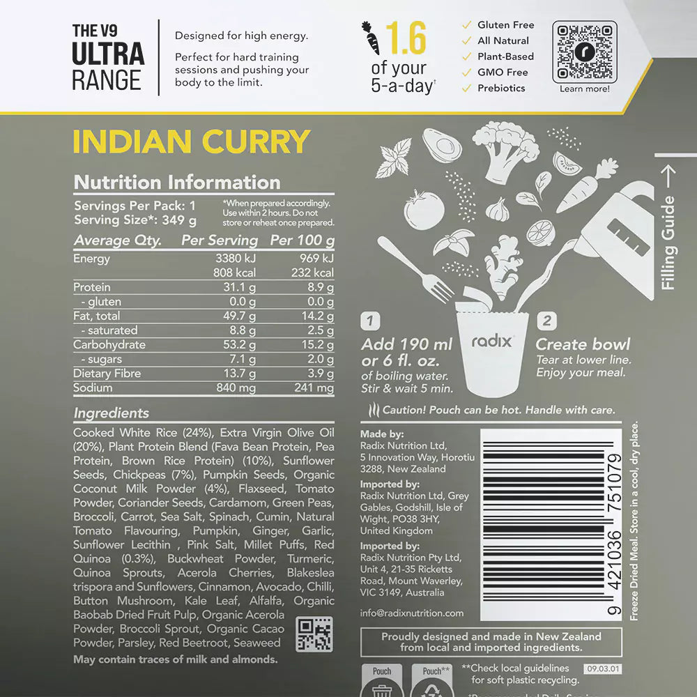 Radix Nutrition Main Meals v9 Plant Based - Ultra Range 800 - Indian Curry - Find Your Feet Australia Hobart Launceston Tasmania