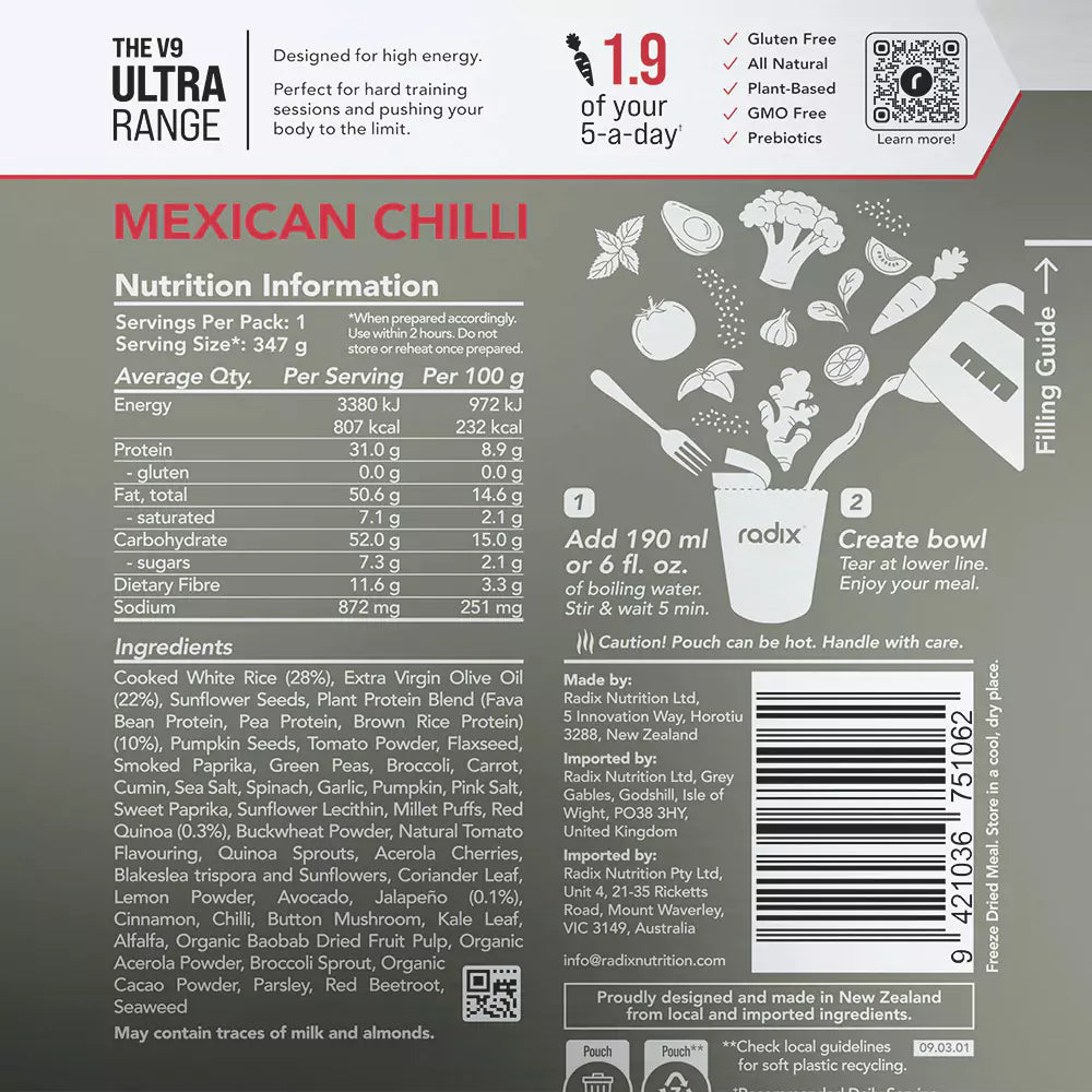 Radix Nutrition Main Meals v9 Plant Based - Ultra Range 800 - Mexican Chilli - Find Your Feet Australia Hobart Launceston Tasmania