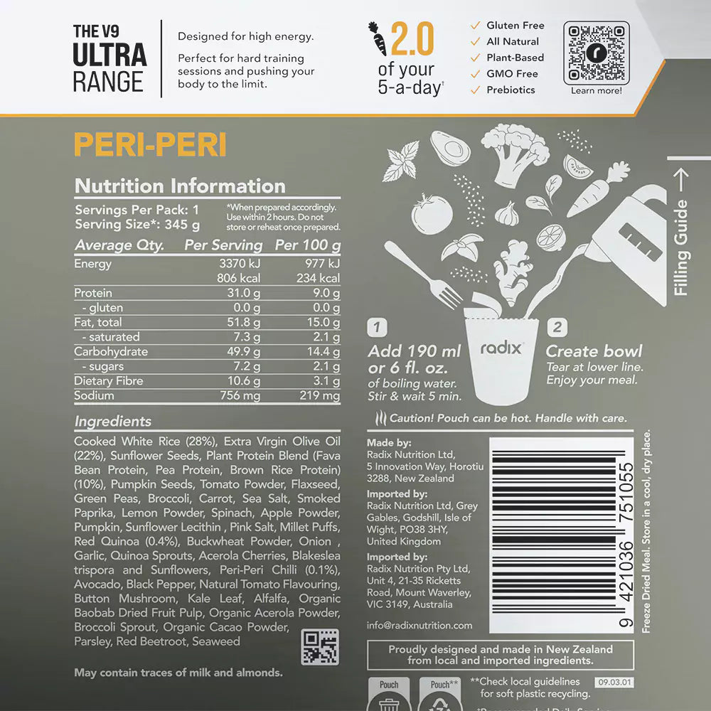 Radix Nutrition Main Meals v9 Plant Based - Ultra Range 800 - Peri-Peri - Find Your Feet Australia Hobart Launceston Tasmania