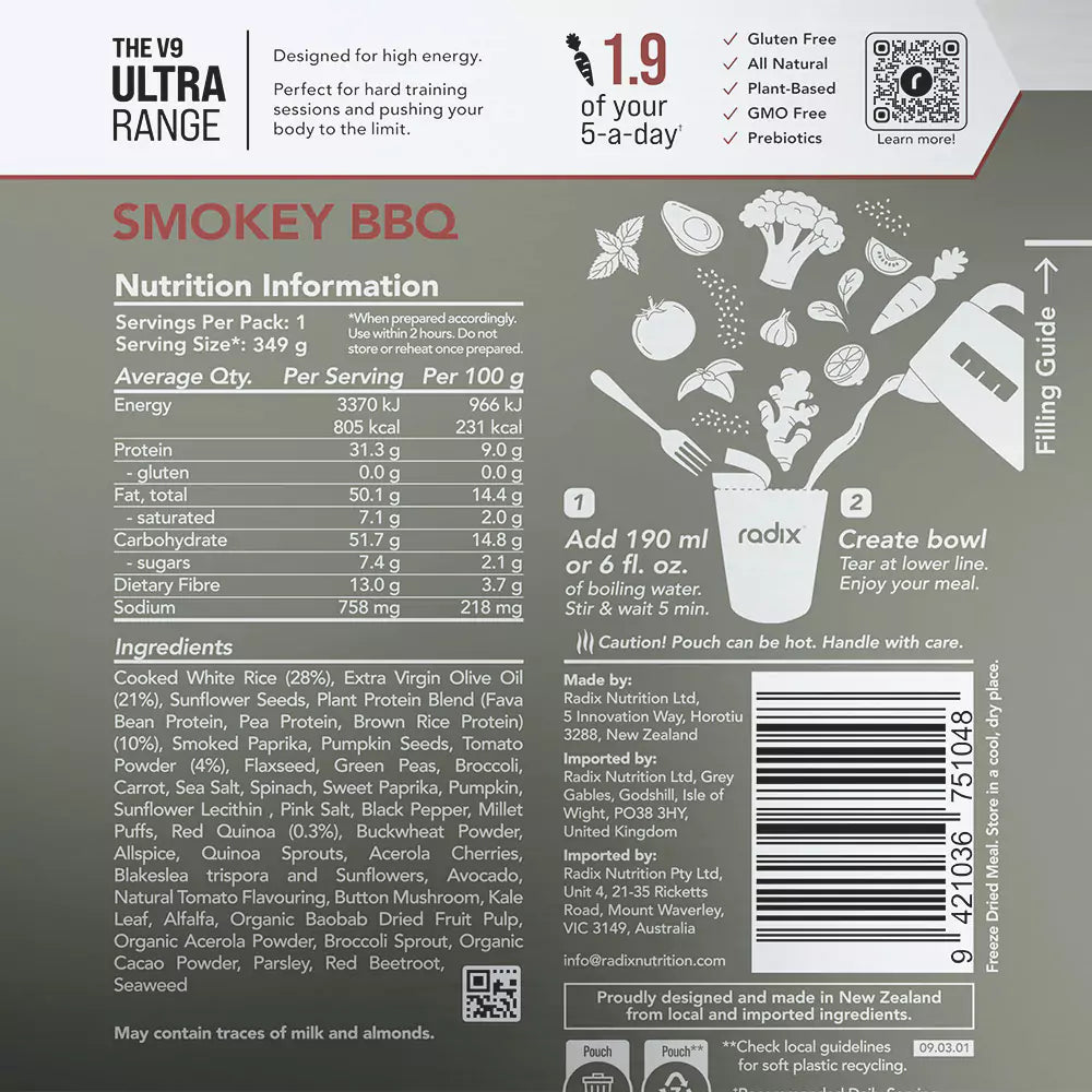 Radix Nutrition Main Meals v9 Plant Based - Ultra Range 800 - Smokey BBQ - Find Your Feet Australia Hobart Launceston Tasmania