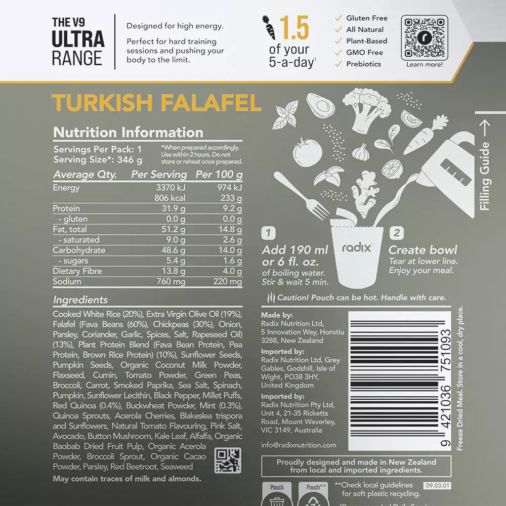 Radix Nutrition Main Meals v9 Plant Based - Ultra Range 800 - Turkish Falafel - Find Your Feet Australia Hobart Launceston Tasmania