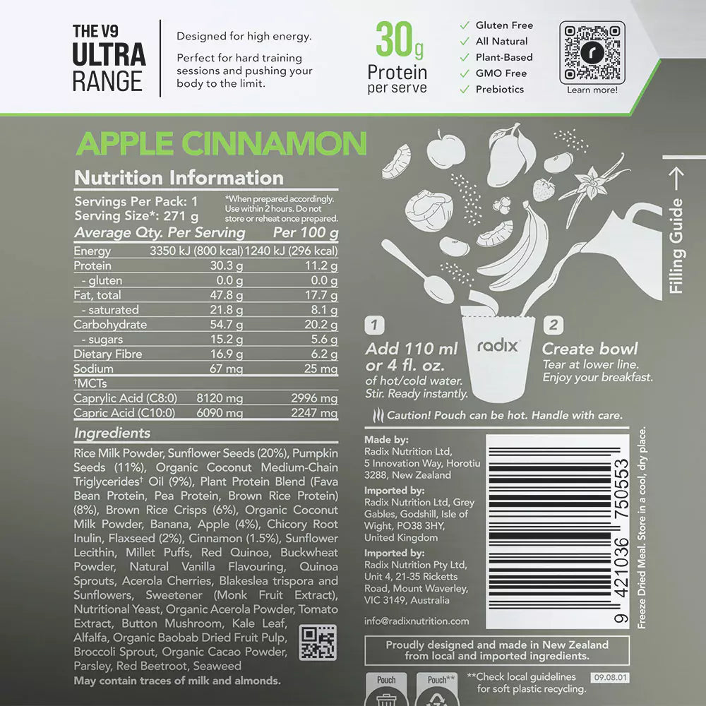 Radix Nutrition Breakfasts v9 Plant Based - 800kcal - Apple Cinnamon - Find Your Feet Australia Hobart Launceston Tasmania
