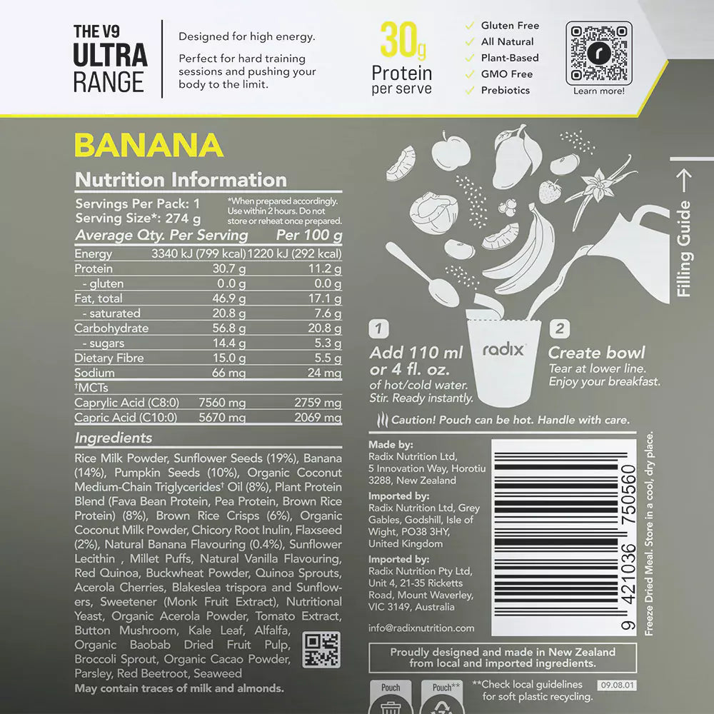 Radix Nutrition Breakfasts v9 Plant Based - 800kcal - Banana - Find Your Feet Australia Hobart Launceston Tasmania