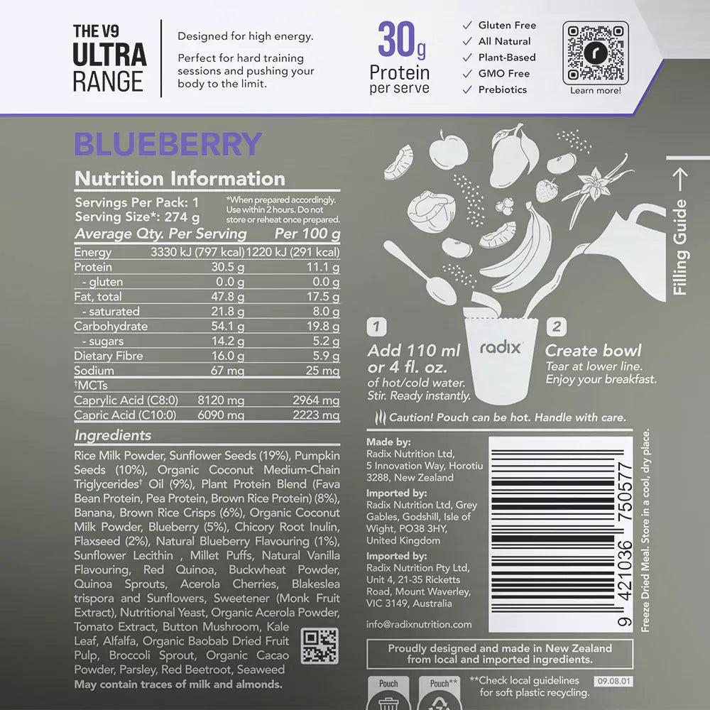 Radix Nutrition Breakfasts v9 Plant Based - 800kcal - Blueberry - Find Your Feet Australia Hobart Launceston Tasmania
