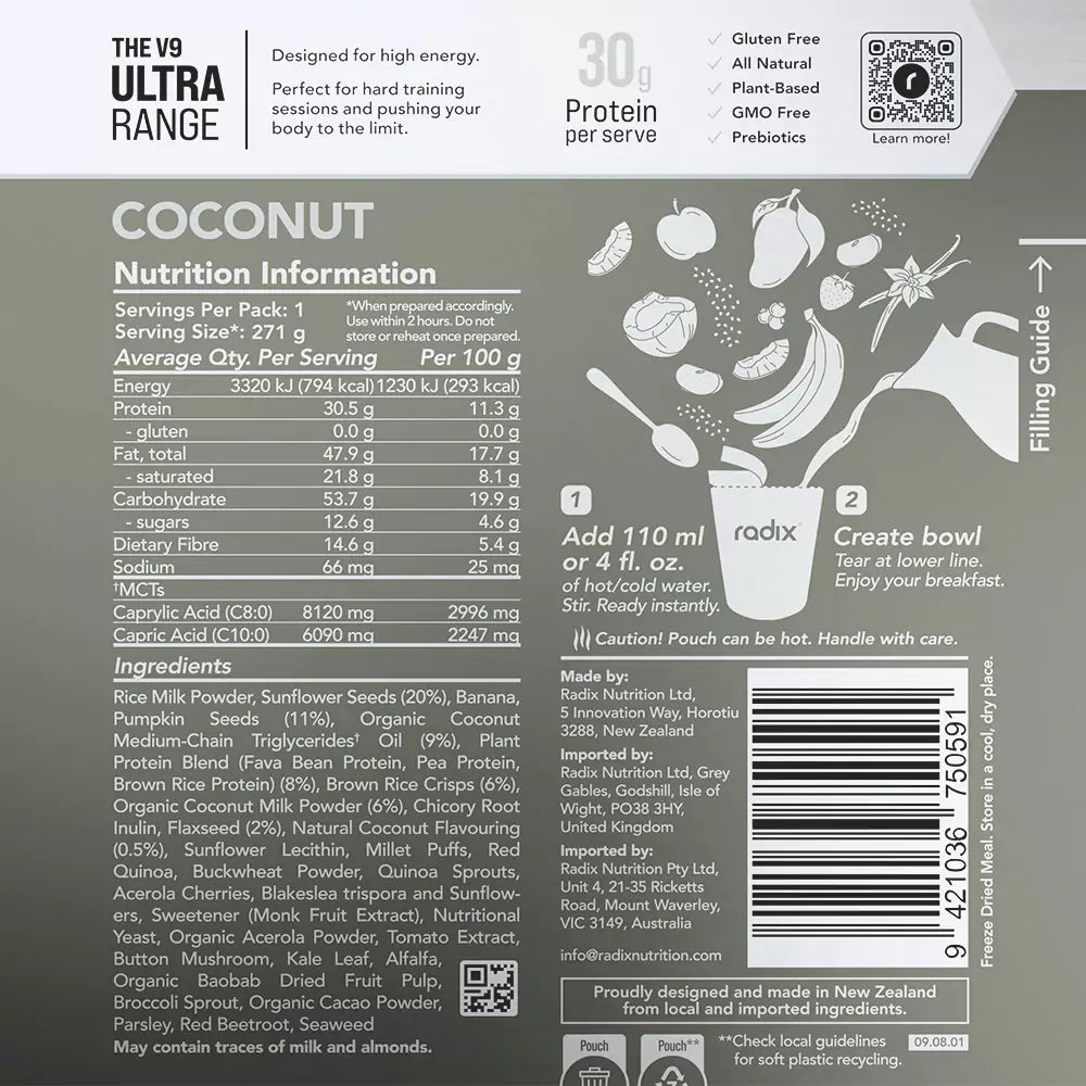 Radix Nutrition Breakfasts v9 Plant Based - 800kcal - Coconut - Find Your Feet Australia Hobart Launceston Tasmania