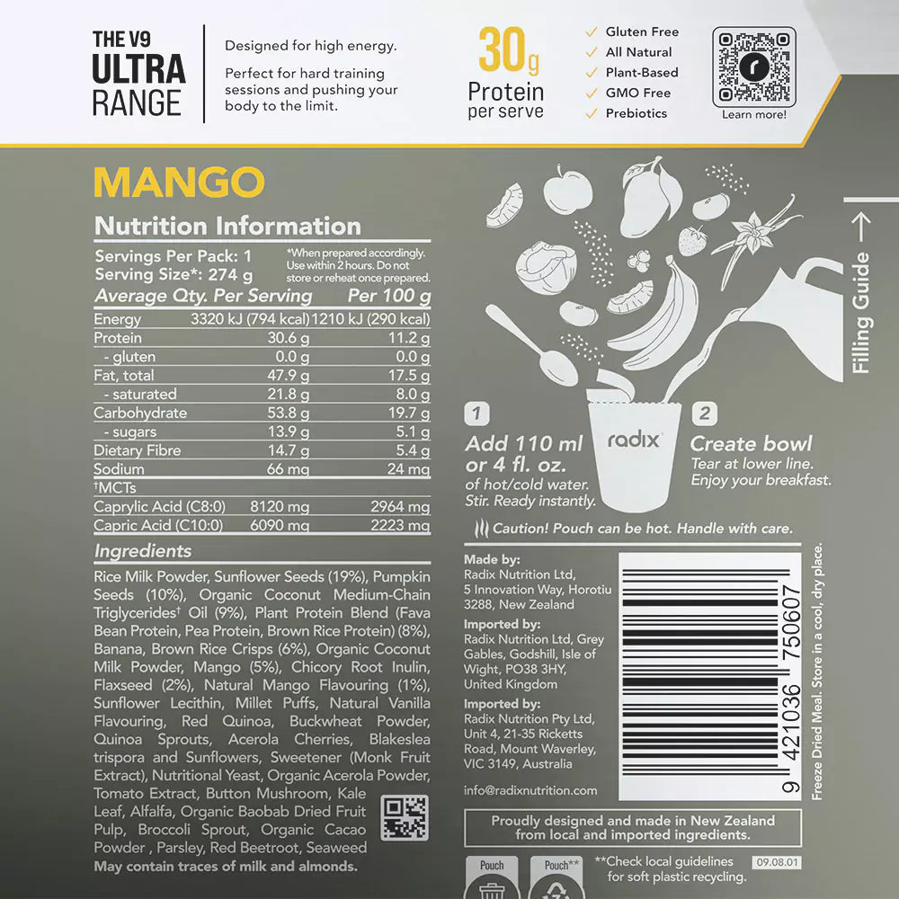 Radix Nutrition Breakfasts v9 Plant Based - 800kcal - Mango - Find Your Feet Australia Hobart Launceston Tasmania