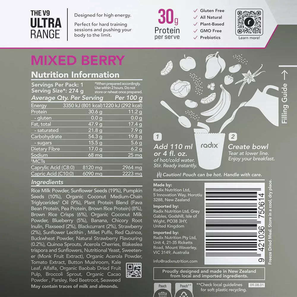 Radix Nutrition Breakfasts v9 Plant Based - 800kcal - Mixed Berry - Find Your Feet Australia Hobart Launceston Tasmania