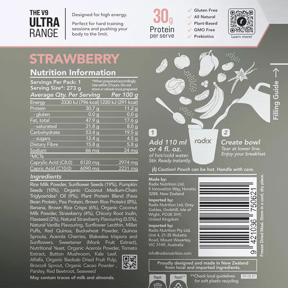 Radix Nutrition Breakfasts v9 Plant Based - 800kcal - Strawberry - Find Your Feet Australia Hobart Launceston Tasmania