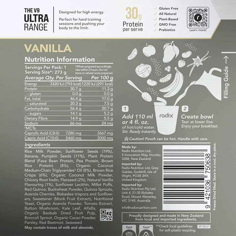 Radix Nutrition Breakfasts v9 Plant Based - 800kcal - Vanilla - Find Your Feet Australia Hobart Launceston Tasmania