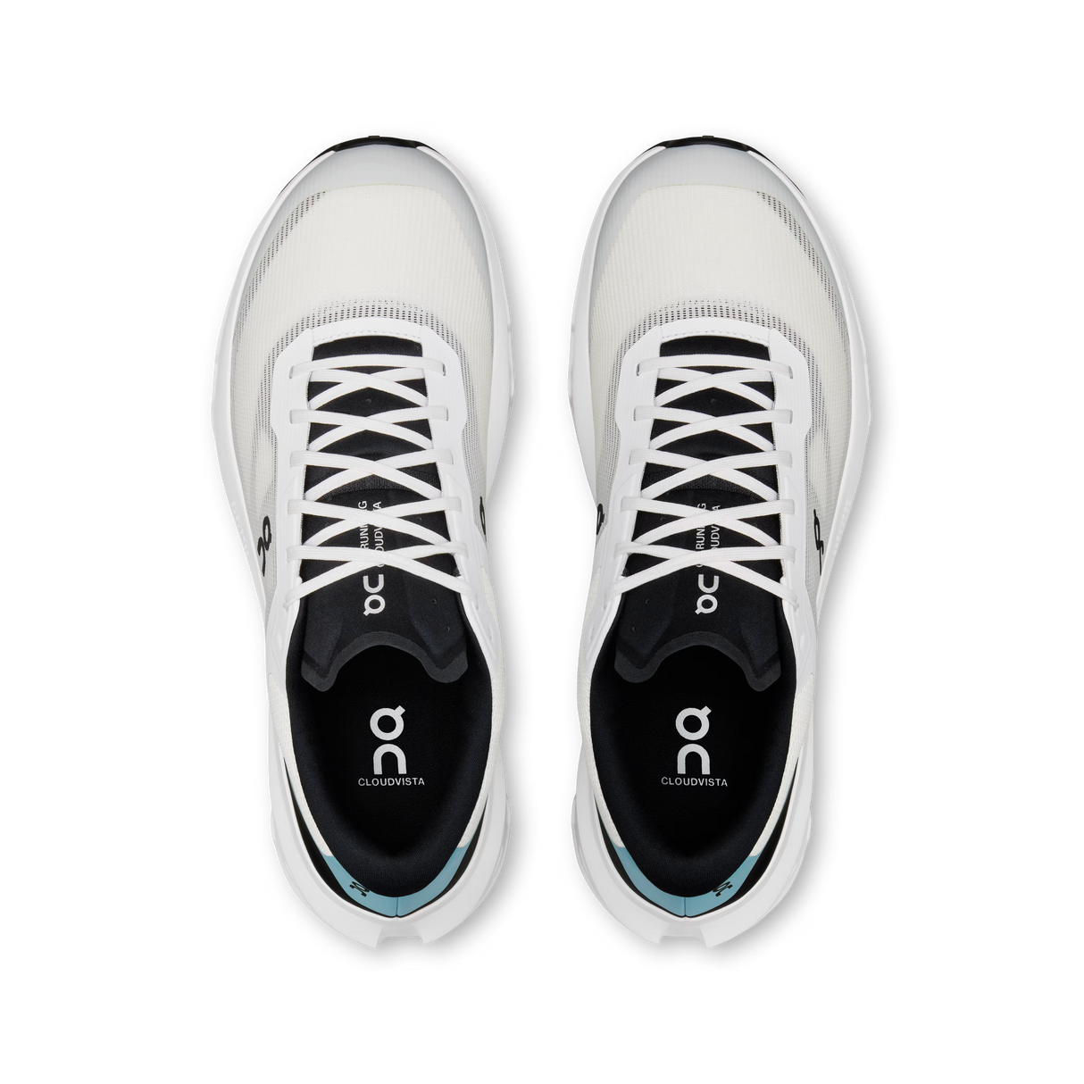 A pair of On Cloudcotta running shoes shown from a top-down view, featuring a white and black design with a subtle light blue accent near the heel. - On Cloudvista 3 Shoes (Men's) - Ivory/Wash