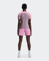 Person wearing a two-tone pink and gray athletic outfit on a white background - On Performance-T (Women's) - Dewberry/Sakura