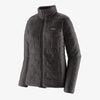 A dark gray quilted puffer jacket with a full-zip front, stand-up collar, and a small blue and white Patagonia logo patch on the left chest, shown against a light off-white background. - Patagonia Nano Puff Jacket (Women's) - Black