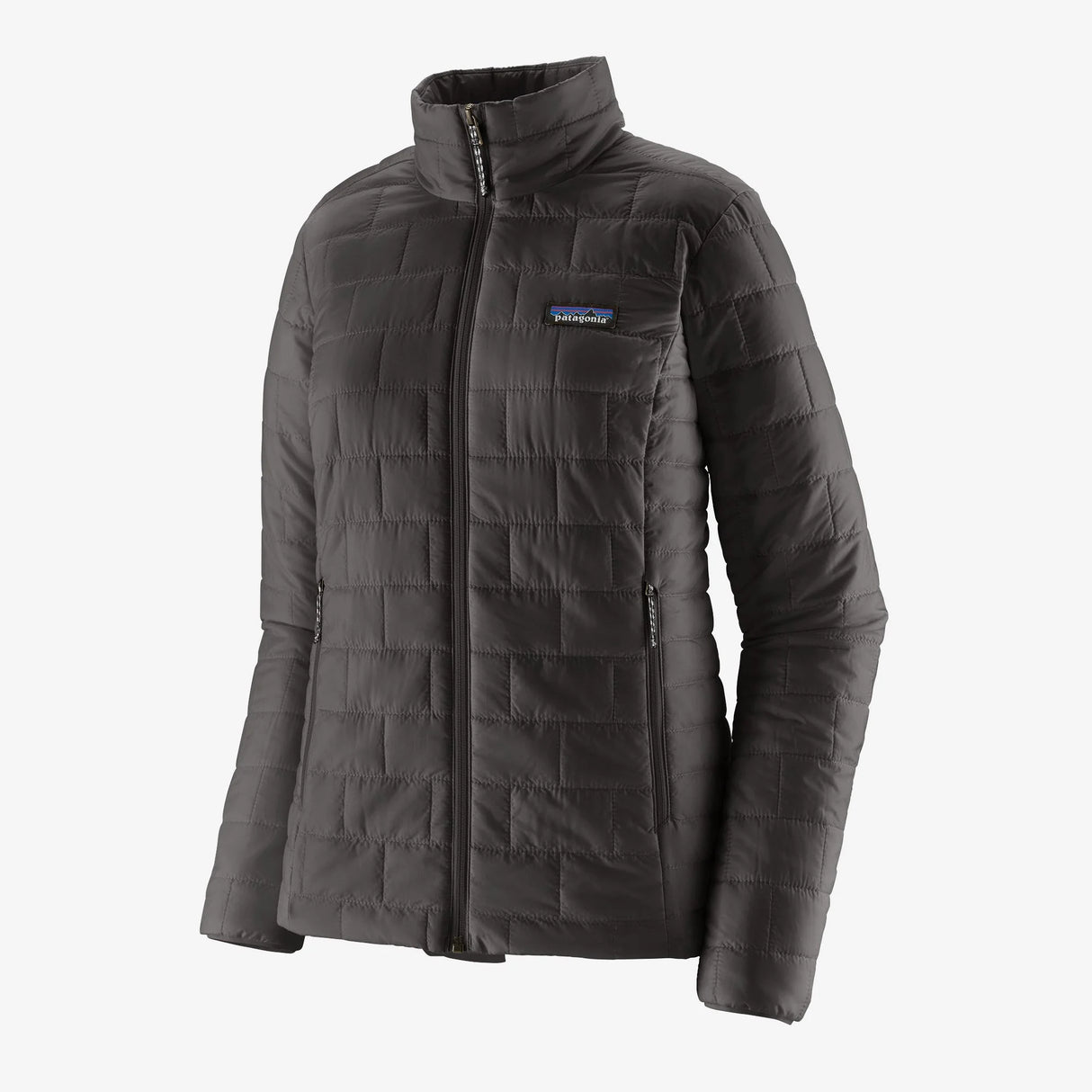 A dark gray quilted puffer jacket with a full-zip front, stand-up collar, and a small blue and white Patagonia logo patch on the left chest, shown against a light off-white background. - Patagonia Nano Puff Jacket (Women's) - Black