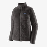 A dark gray quilted puffer jacket with a full-zip front, stand-up collar, and a small blue and white Patagonia logo patch on the left chest, shown against a light off-white background. - Patagonia Nano Puff Jacket (Women's) - Black