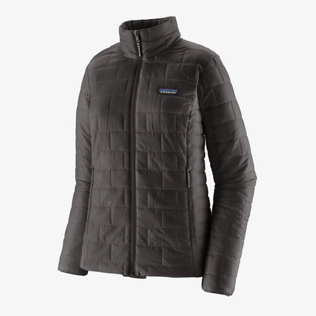 A dark gray quilted puffer jacket with a full-zip front, stand-up collar, and a small blue and white Patagonia logo patch on the left chest, shown against a light off-white background. - Patagonia Nano Puff Jacket (Women's) - Black