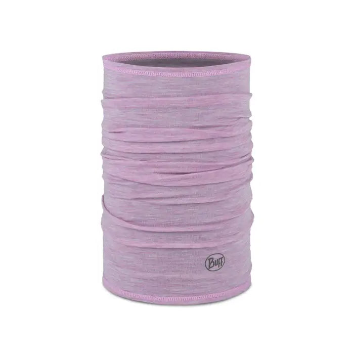 Purple neck gaiter with Buff logo on a white background - Buff Merino Lightweight Multifunctional Neckwear - Solid Pansy