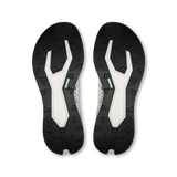 A pair of athletic shoe soles shown from the bottom, featuring a black textured outsole with a white and mint green Y-shaped midsole design, photographed on a solid white background. - On Cloudultra Pro Shoes (Men's) - Ivory/Celeste