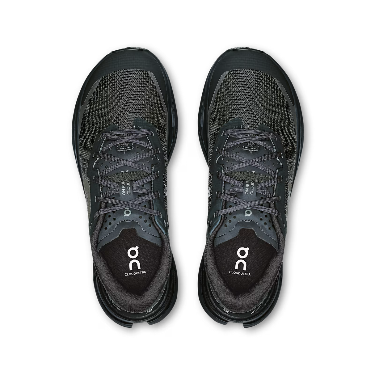 Pair of black running shoes with 'On' branding on a white background - Black/Black