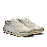 A pair of light gray and off-white running shoes with a light blue 'RUNNING' text detail on the side and a tan outsole, shown against a plain white background. - On Cloudultra 3 Shoes (Men's) - Brume/Winter