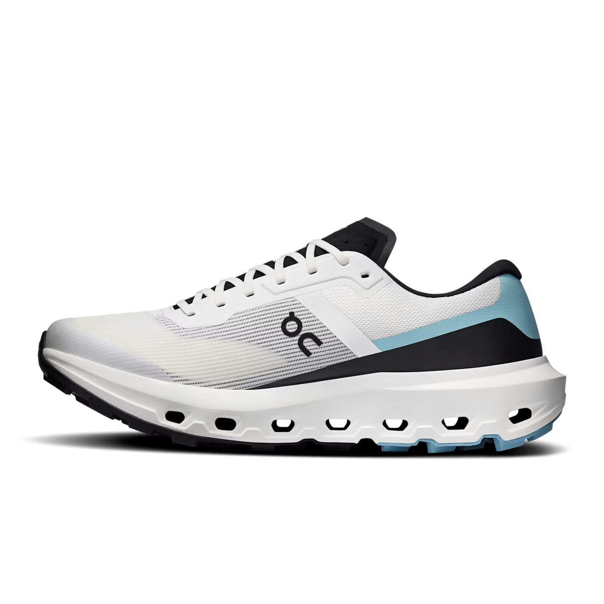A white On running shoe with black and light blue accents, shown in a side profile on a white background. - On Cloudvista 3 Shoes (Men's) - Ivory/Wash
