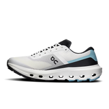 A white On running shoe with black and light blue accents, shown in a side profile on a white background. - On Cloudvista 3 Shoes (Men's) - Ivory/Wash