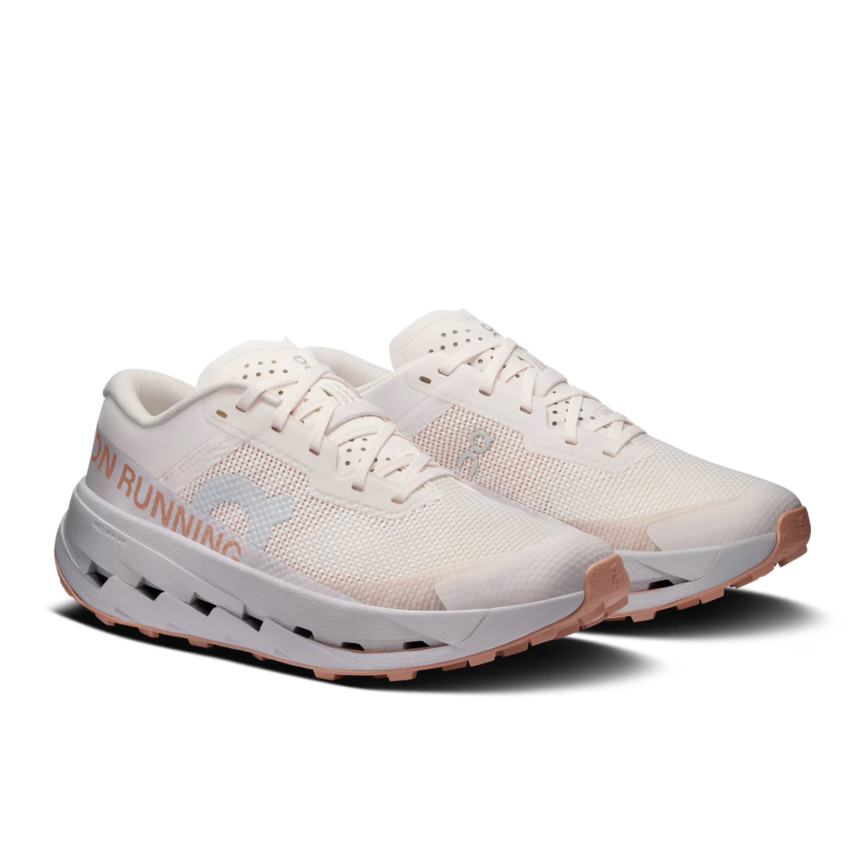 A pair of white and light pink running shoes with a mesh upper, white midsole, and pink outsole accents, shown on a white background. - On Cloudultra 3 Shoes (Women's) - Oyster/Ether