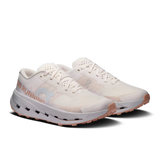 A pair of white and light pink running shoes with a mesh upper, white midsole, and pink outsole accents, shown on a white background. - On Cloudultra 3 Shoes (Women's) - Oyster/Ether