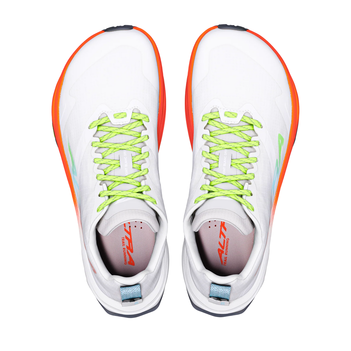 A pair of white athletic shoes shown from a top-down view, featuring bright neon orange side accents, lime green laces, and a light blue pull tab on the heels. - Altra Mont Blanc Speed Shoes (Men's) - White/Coral/Blue