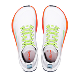 A pair of white athletic shoes shown from a top-down view, featuring bright neon orange side accents, lime green laces, and a light blue pull tab on the heels. - Altra Mont Blanc Speed Shoes (Men's) - White/Coral/Blue