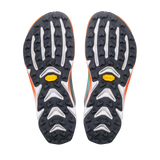 Top-down view of a pair of trail running shoes showing their black Vibram sole with white and orange accents. - Altra Mont Blanc Speed Shoes (Men's) - White/Coral/Blue