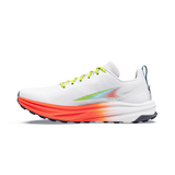 A white running shoe with a vibrant orange, yellow, and green gradient midsole and a matching gradient logo on the side, shown against a plain white background. - Altra Mont Blanc Speed Shoes (Men's) - White/Coral/Blue