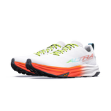A pair of Hoka Altra Run Easy 6 trail running shoes in white, featuring vibrant neon green laces, a white and orange midsole, and black Vibram soles, shown against a plain white background. - Altra Mont Blanc Speed Shoes (Men's) - White/Coral/Blue
