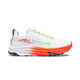 A white HOKA ALTRA running shoe with a vibrant orange and red gradient midsole, lime green laces, and a black Vibram outsole, shown against a plain white background. - Altra Mont Blanc Speed Shoes (Men's) - White/Coral/Blue